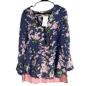 NWT Soft Surroundings Adele Semi-sheer Cherry  blossom blouse tunic button
